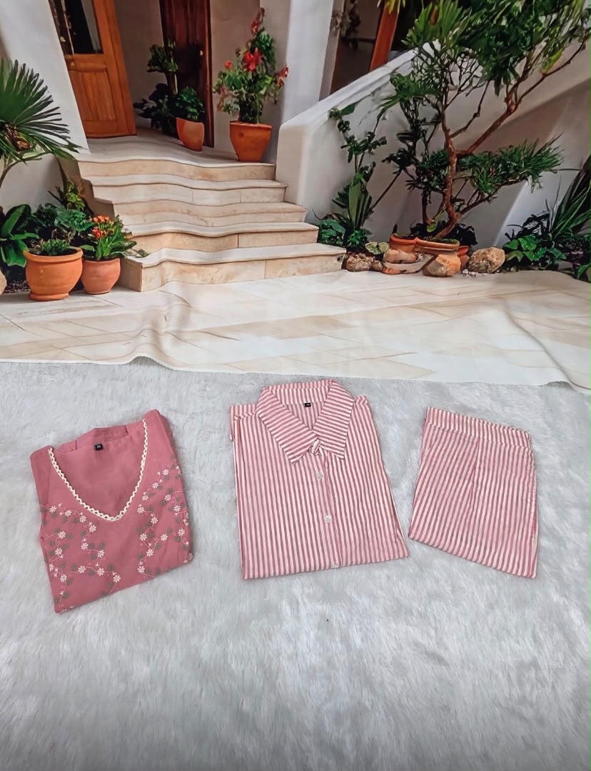 Chic Pink Embroidered Shirt Style Co-Ord Set