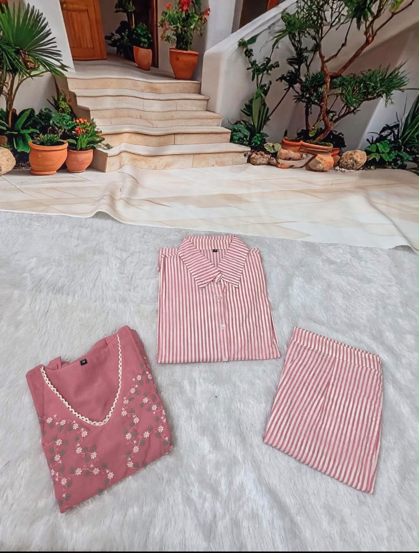 Chic Pink Embroidered Shirt Style Co-Ord Set