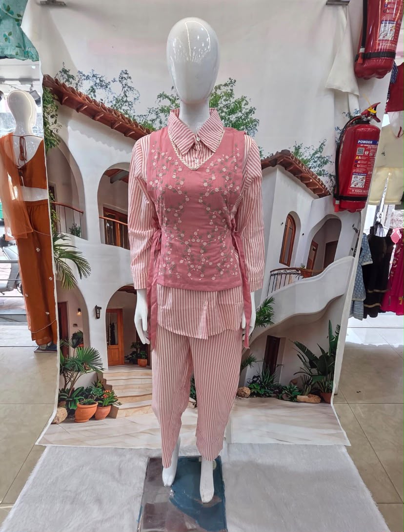 Chic Pink Embroidered Shirt Style Co-Ord Set