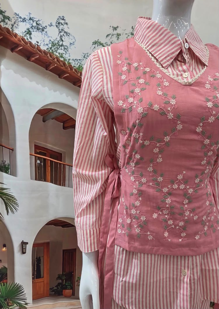 Chic Pink Embroidered Shirt Style Co-Ord Set