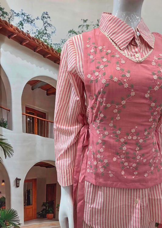 Chic Pink Embroidered Shirt Style Co-Ord Set