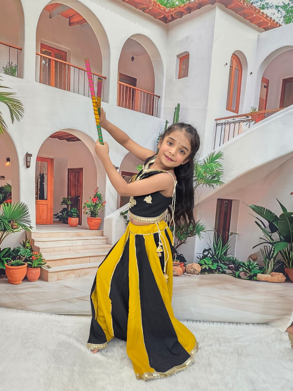 Black & Yellow Cotton Kids Chaniya Choli | Festive Lehenga Choli for Girls (0–14 Years)