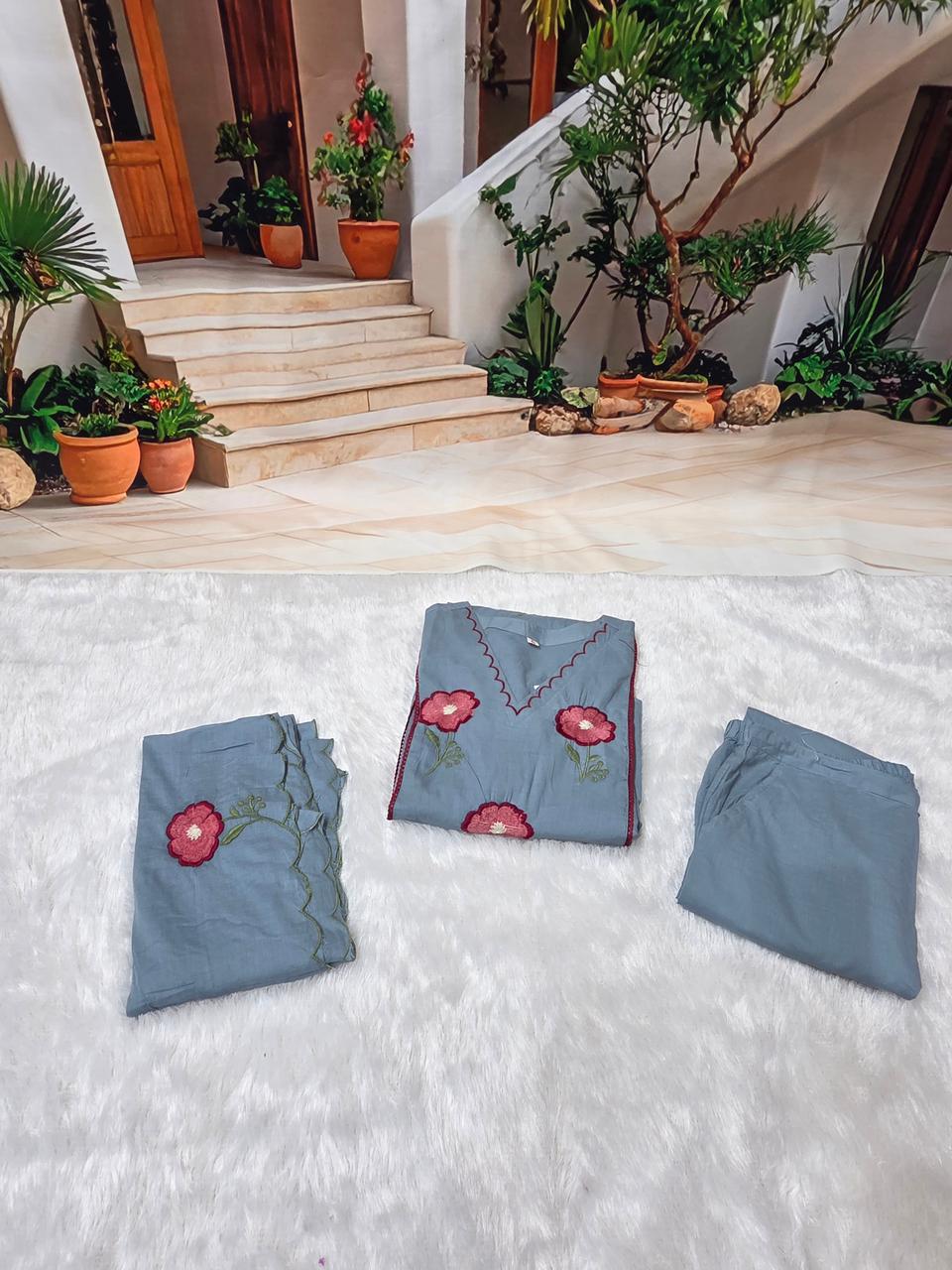 Women’s Elegant Embroidered Kurti Pant & Dupatta Set – Sky Blue