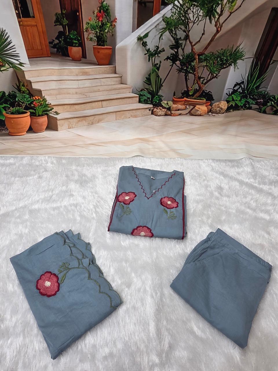 Women’s Elegant Embroidered Kurti Pant & Dupatta Set – Sky Blue